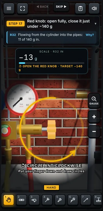 A learner using the brass manifold in the simulator on a phone