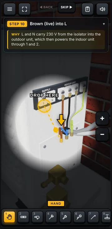 Dragging the live core into the outdoor unit terminal in the simulator